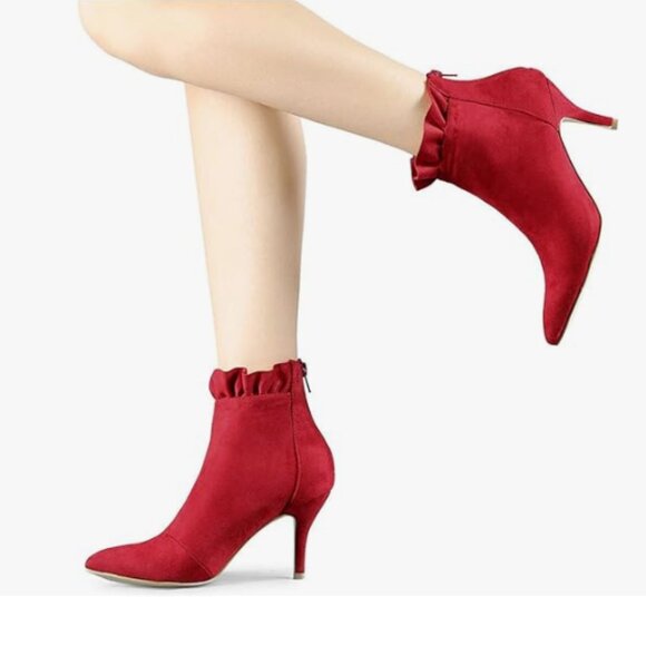 YDN Shoes - YDN Red Cute Ruffles Ankle Boots Stiletto Heels Pointed Toe Back Zipper Booties